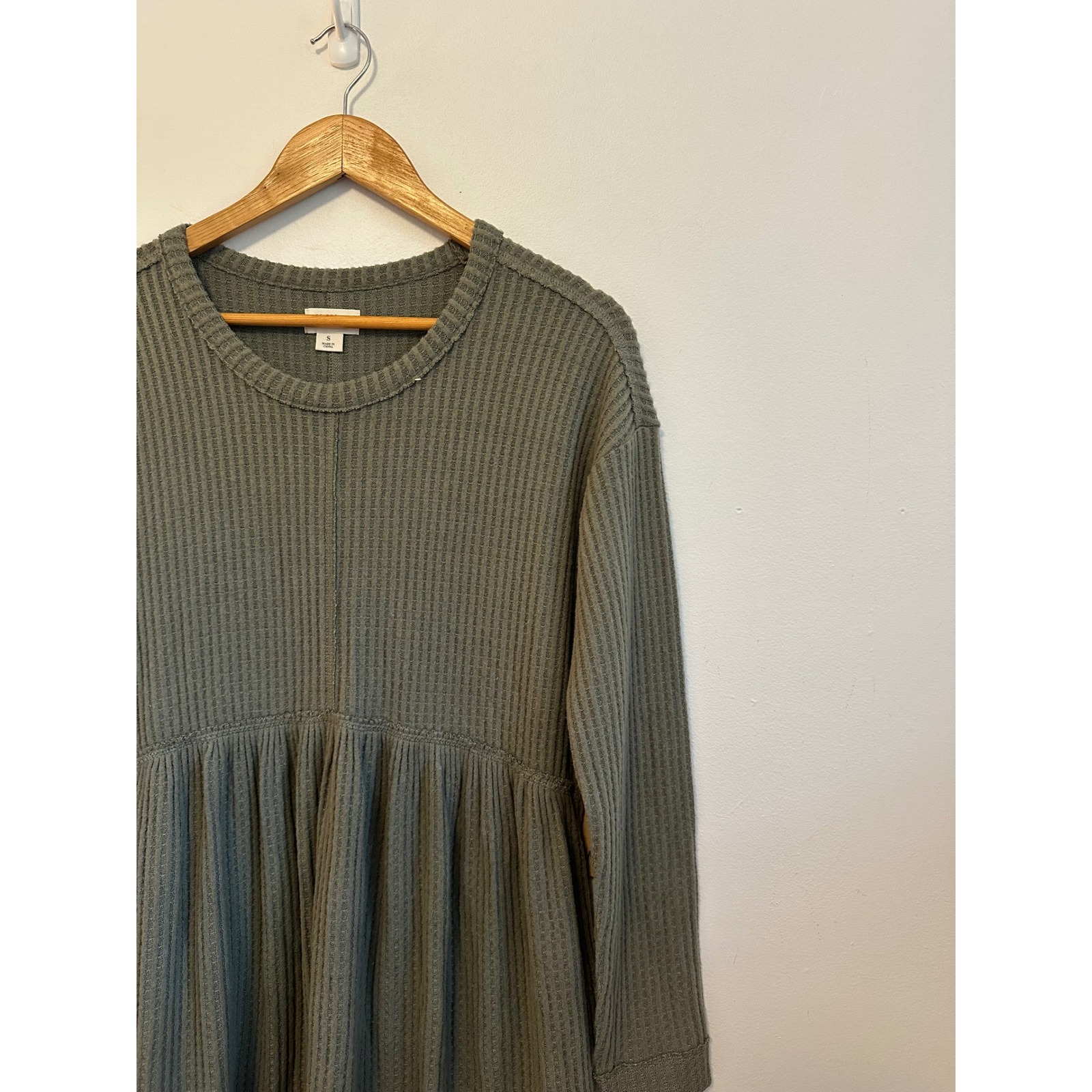 Nwt Upwest Olive Green Waffle Knit Babydoll Mini Dress With Pockets | Size Small — image 2 of 8